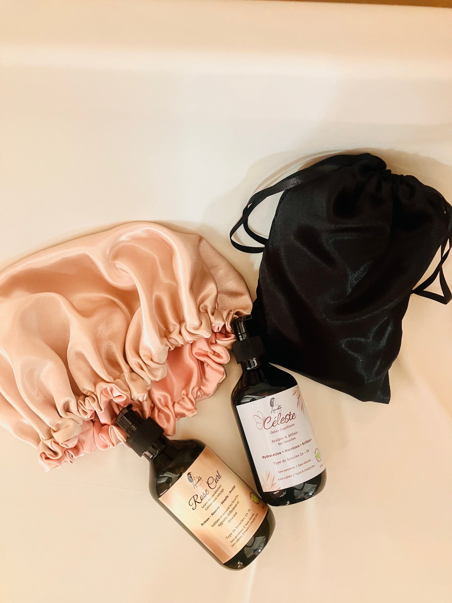 Rituel Boucles Libres / Gelée Céleste + Crème Rose Curl + Bonnet en Satin Crêpé