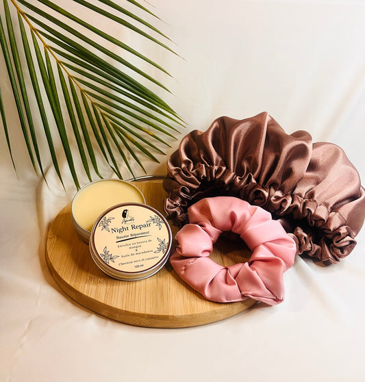 Rituel Nuit Réparateur – Bonnet Satin +  1 Chouchou Large+  Baume Night Repair