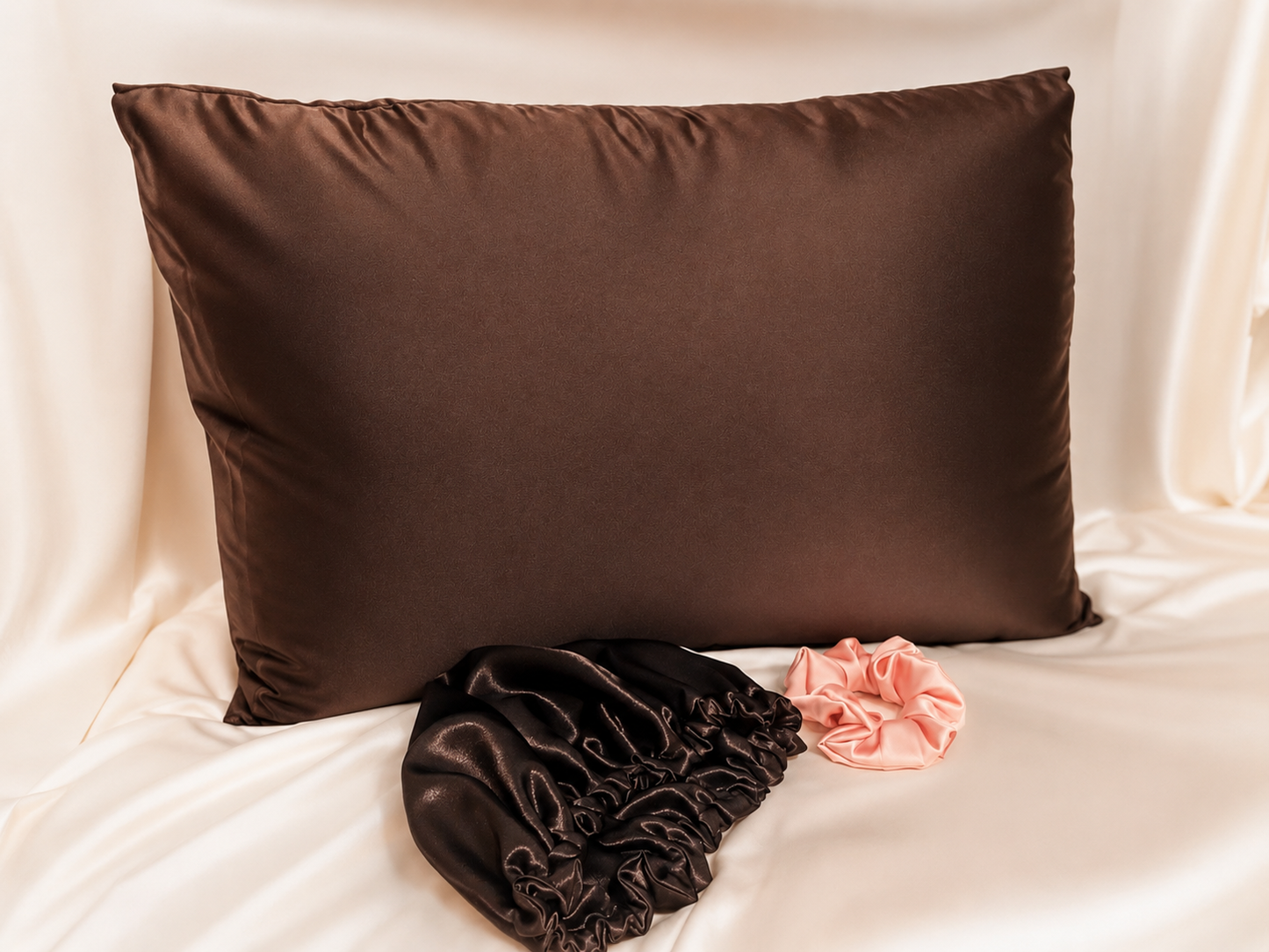 Rituel Nuit Élégance – Taie d'oreiller + Bonnet Satin Crêpé + 1 Chouchou Large Satin